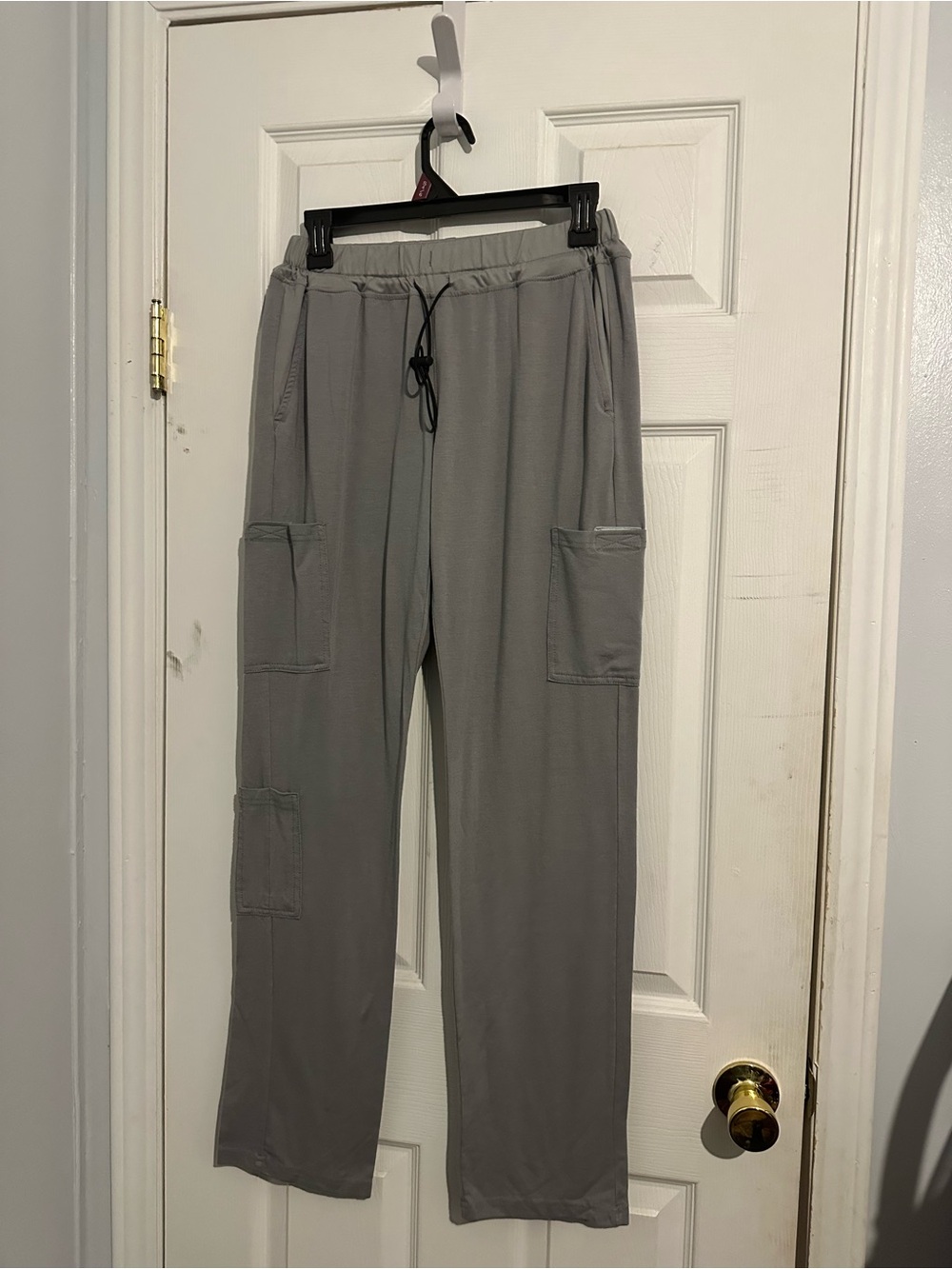 Gray Cargo Scrub Pants Straight Leg Drawstring